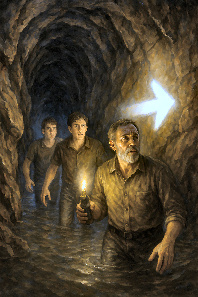 Arrow in a Cave with Three Men in the Water